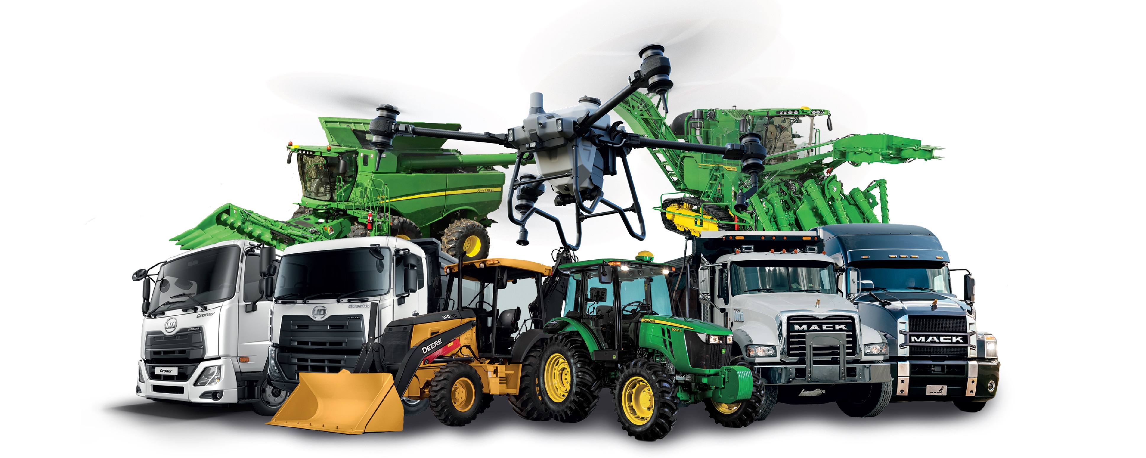 Máquinas John Deere construcción y agrícola, camiones Mack y Volvo.